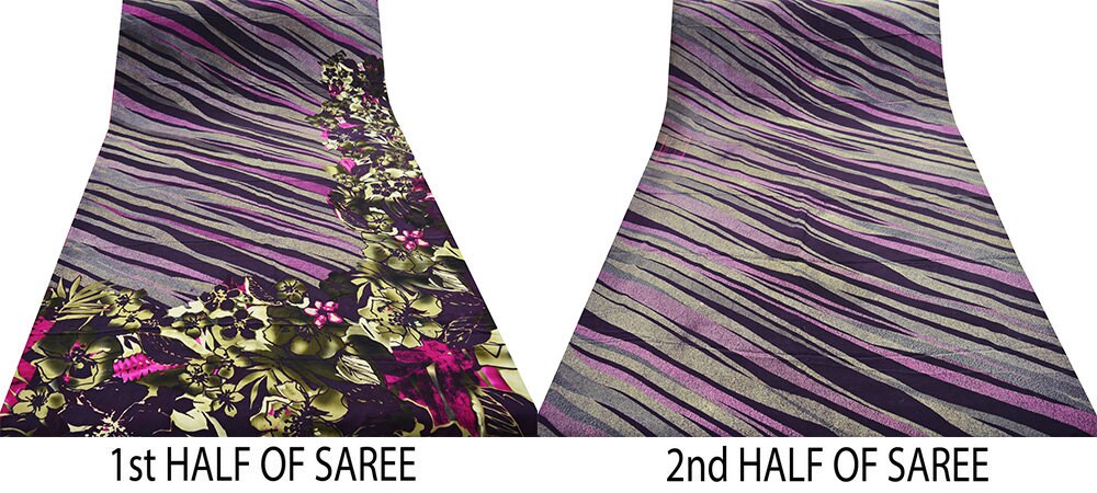 Indian Vintage Sari Purple Pure Crepe Silk Printed Saree 5yard Sewing Floral Soft Craft Fabric Wrap