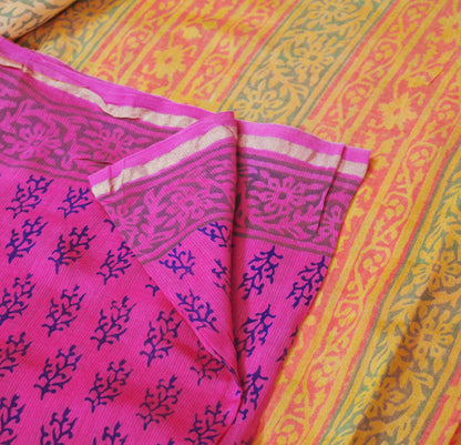 Indian Vintage Sari Pink Block Printed Sari Pure chanderi Silk Saree Fabric 5Yard Floral Soft Golden Zari
