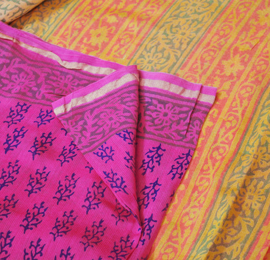 Indian Vintage Sari Pink Block Printed Sari Pure chanderi Silk Saree Fabric 5Yard Floral Soft Golden Zari