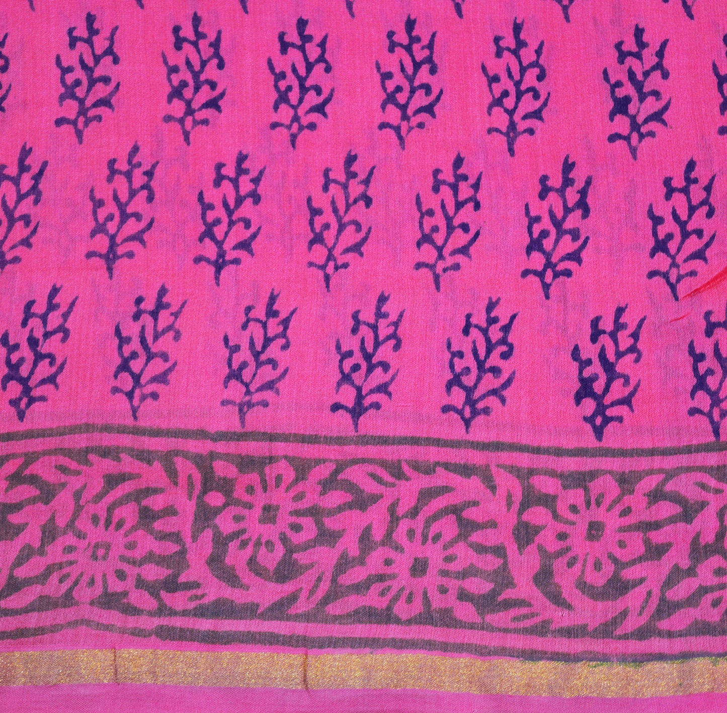 Indian Vintage Sari Pink Block Printed Sari Pure chanderi Silk Saree Fabric 5Yard Floral Soft Golden Zari