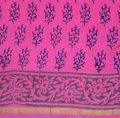 Indian Vintage Sari Pink Block Printed Sari Pure chanderi Silk Saree Fabric 5Yard Floral Soft Golden Zari