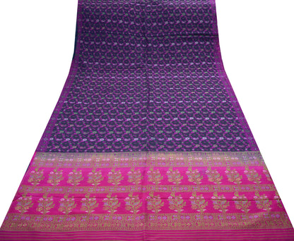 Indian Vintage Pink & Blue Saree Pure Silk Hand Woven Indian Sari Fabric 5Yard Sewing Soft Ethnic Floral Design Crafting