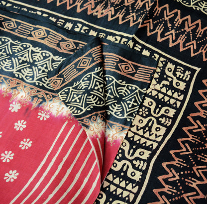 Indian Vintage Sari Black & Red Block Printed 5Yd Pure Silk Saree Fabric Floral Soft Dressmakig