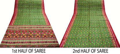 Indian Vintage Sari Red & Green Pure Silk Printed Sarees 5Yd Quilting Craft Fabric Birds Soft Elephant