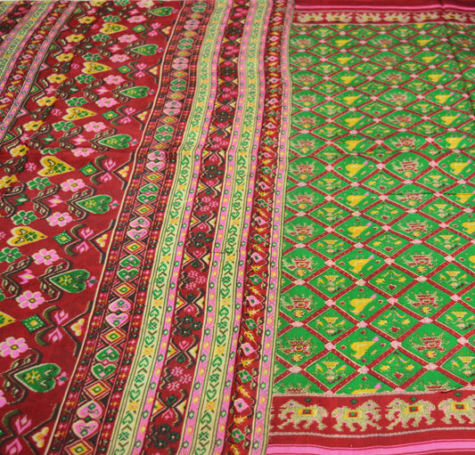 Indian Vintage Sari Red & Green Pure Silk Printed Sarees 5Yd Quilting Craft Fabric Birds Soft Elephant