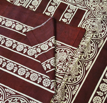 Indian Vintage Sari Beige & Maroon Pure Silk Printed Sarees 5yd Sewing Craft Fabric Quilting DressMaking Soft