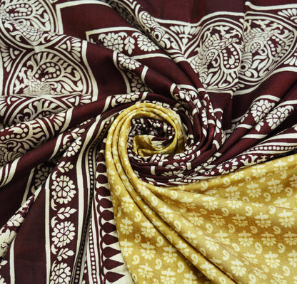 Indian Vintage Sari Beige & Maroon Pure Silk Printed Sarees 5yd Sewing Craft Fabric Quilting DressMaking Soft