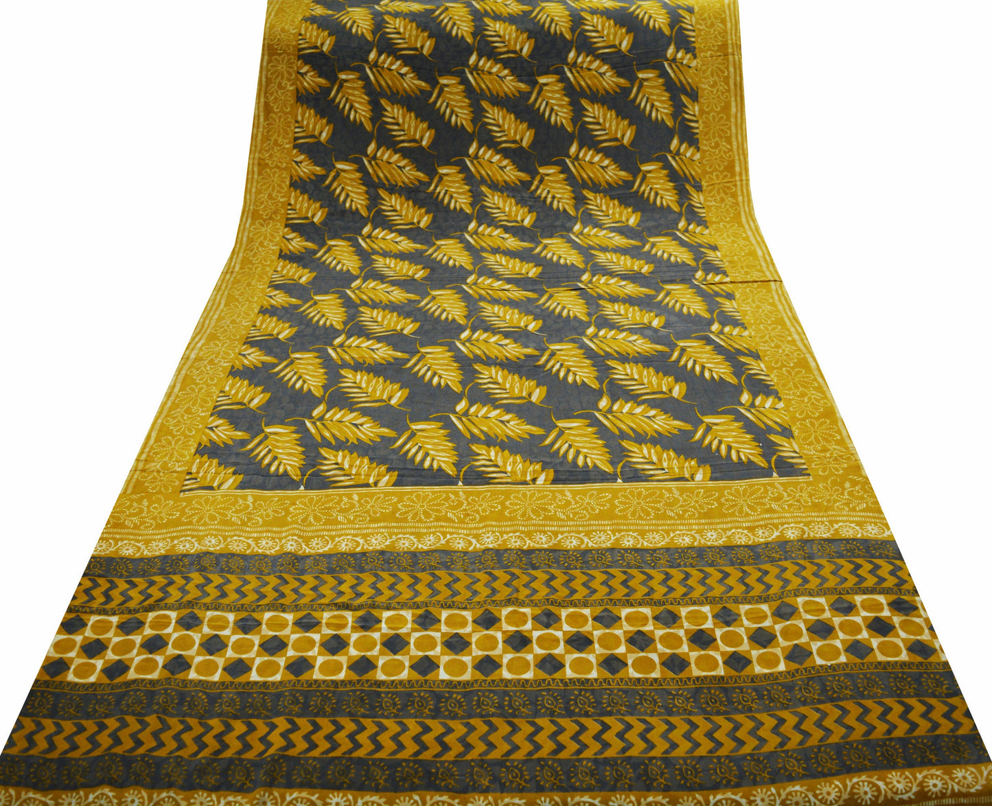 Indian Vintage Sari Mustard & Gray Pure Crepe Silk Printed Saree 5yard Sewing Floral Soft Craft Fabric Wrap