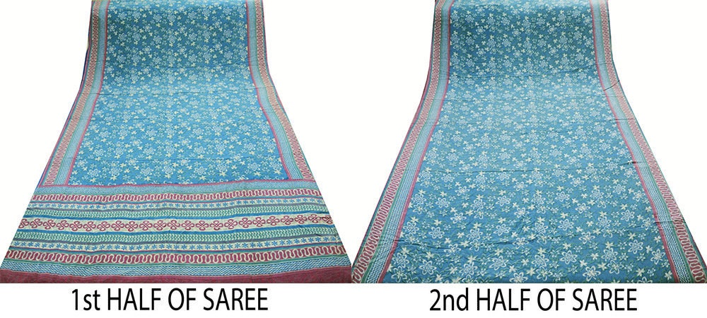 Indian Vintage Sari Blue Pure Crepe Silk Printed Saree 5yard Sewing Floral Soft Craft Fabric Wrap