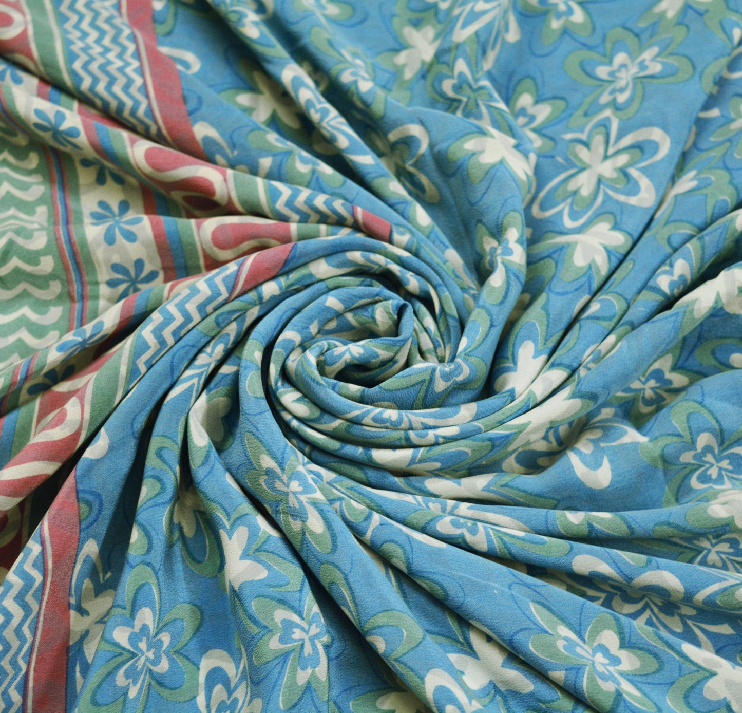 Indian Vintage Sari Blue Pure Crepe Silk Printed Saree 5yard Sewing Floral Soft Craft Fabric Wrap