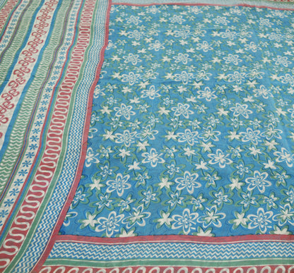 Indian Vintage Sari Blue Pure Crepe Silk Printed Saree 5yard Sewing Floral Soft Craft Fabric Wrap