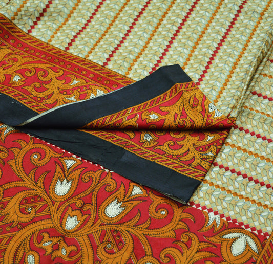Indian Vintage Sari Red & Beige Pure Silk Printed Saree 5yard Sewing Craft Fabric DressMaking  Soft Floral