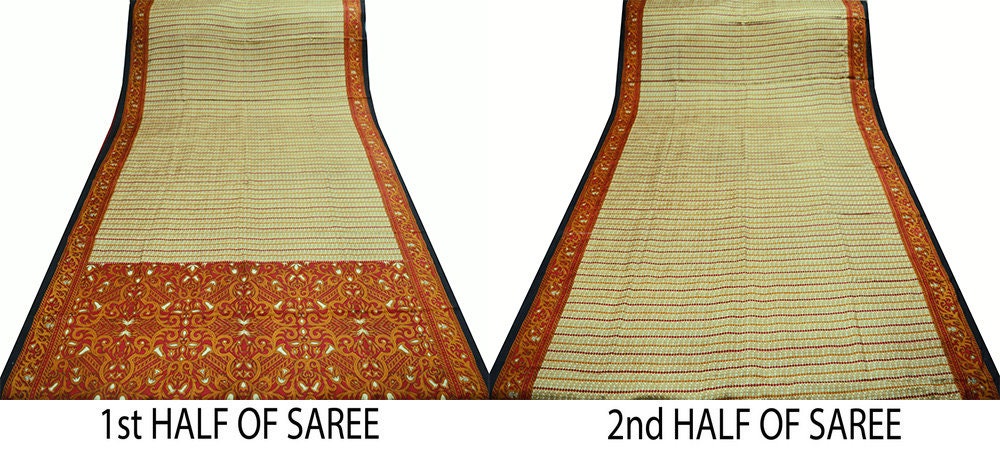 Indian Vintage Sari Red & Beige Pure Silk Printed Saree 5yard Sewing Craft Fabric DressMaking  Soft Floral