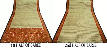 Indian Vintage Sari Red & Beige Pure Silk Printed Saree 5yard Sewing Craft Fabric DressMaking  Soft Floral