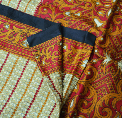 Indian Vintage Sari Red & Beige Pure Silk Printed Saree 5yard Sewing Craft Fabric DressMaking  Soft Floral
