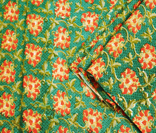 Vintage Sari Green Pure Silk Printed Sarees 5yd Sewing Craft Fabric Soft Dress Designing for Crafting ,Decor Floral