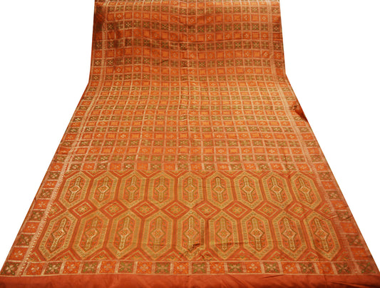 Indian Vintage Sari Orange Heavy Wedding  Pure Silk Woven Banarasi Saree Zari 5Yard