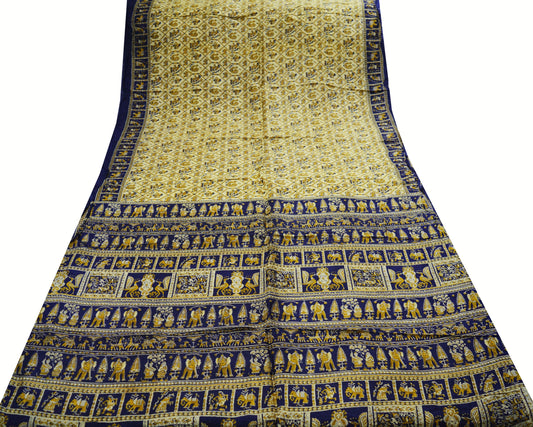 Indian Vintage Sari Blue & Ivory Printed Saree Pure Silk Craft Fabric 5Yard Floral Soft Elephant