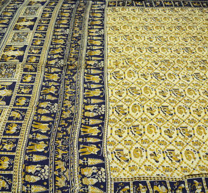 Indian Vintage Sari Blue & Ivory Printed Saree Pure Silk Craft Fabric 5Yard Floral Soft Elephant