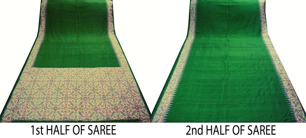 Indian Vintage Green & Ivory Pure Silk Hand Woven Ikat Saree Indian Sari Fabric 5Yard Craft Ethnic Premium Saree