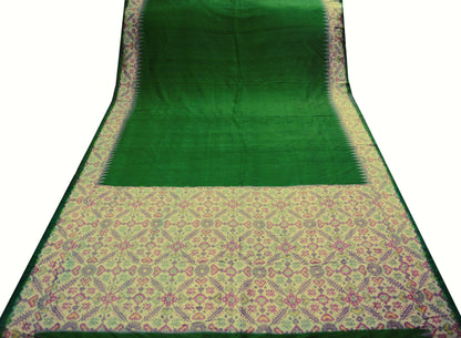 Indian Vintage Green & Ivory Pure Silk Hand Woven Ikat Saree Indian Sari Fabric 5Yard Craft Ethnic Premium Saree