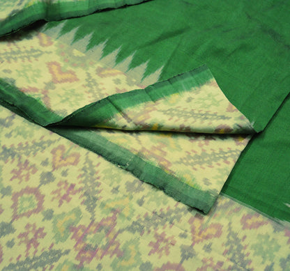 Indian Vintage Green & Ivory Pure Silk Hand Woven Ikat Saree Indian Sari Fabric 5Yard Craft Ethnic Premium Saree