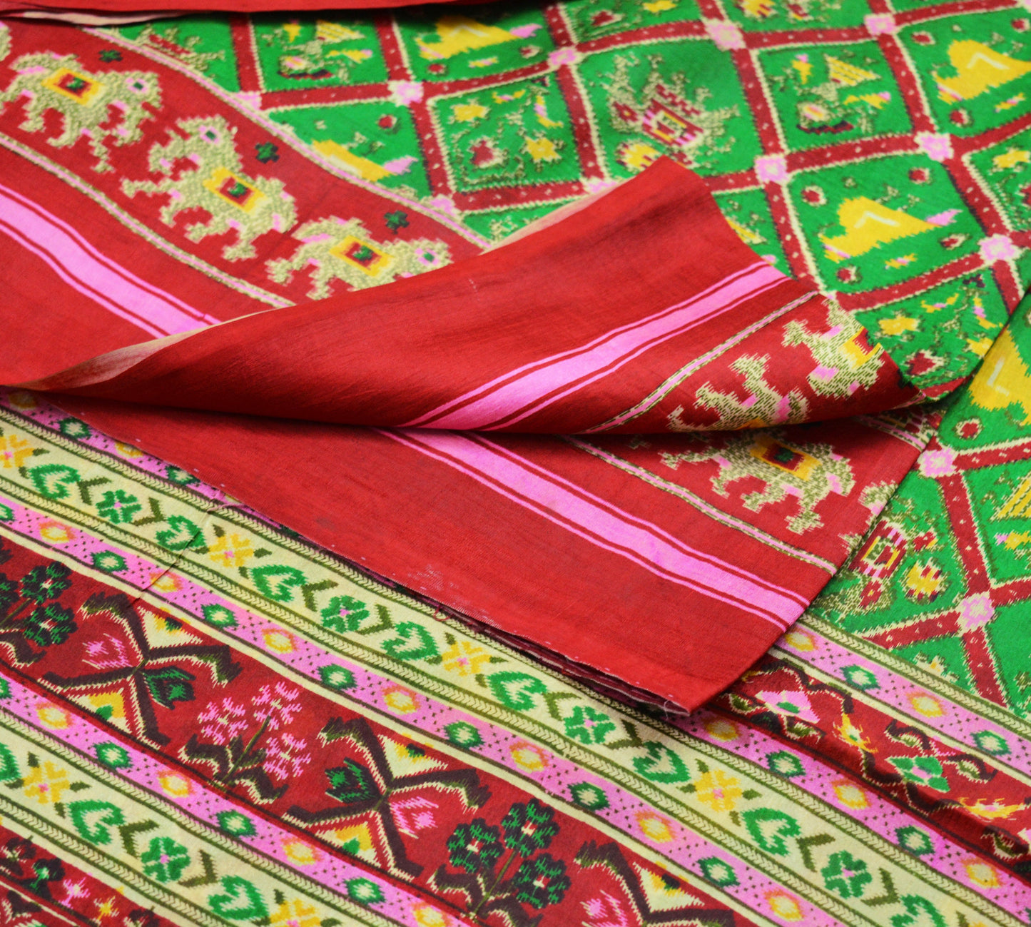 Indian Vintage Sari Red & Green Pure Silk Printed Sarees 5Yd Quilting Craft Fabric Birds Soft Elephant