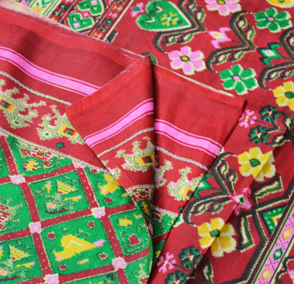 Indian Vintage Sari Red & Green Pure Silk Printed Sarees 5Yd Quilting Craft Fabric Birds Soft Elephant