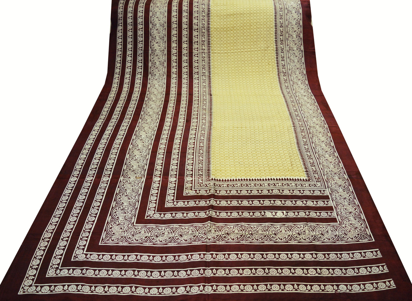 Indian Vintage Sari Beige & Maroon Pure Silk Printed Sarees 5yd Sewing Craft Fabric Quilting DressMaking Soft