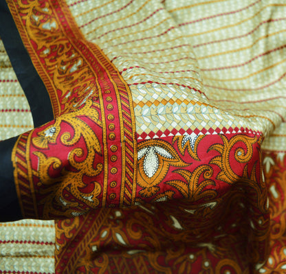 Indian Vintage Sari Red & Beige Pure Silk Printed Saree 5yard Sewing Craft Fabric DressMaking  Soft Floral