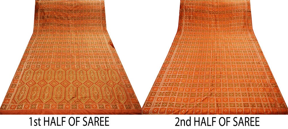 Indian Vintage Sari Orange Heavy Wedding  Pure Silk Woven Banarasi Saree Zari 5Yard