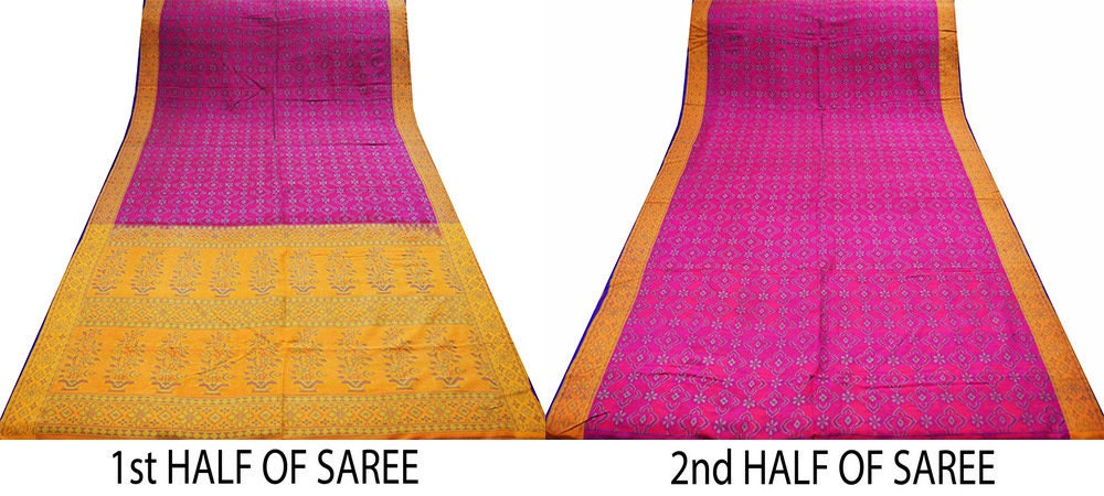 Indian Vintage Mustard & Pink Heavy Saree Hand Woven Pure Silk Indian Sari Fabric 5Yard Silk Sari Ethnic Floral