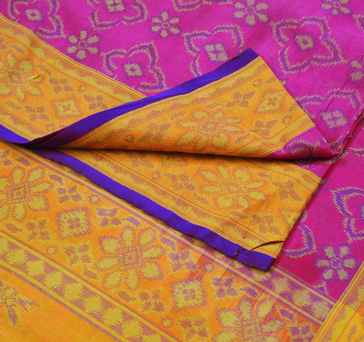 Indian Vintage Mustard & Pink Heavy Saree Hand Woven Pure Silk Indian Sari Fabric 5Yard Silk Sari Ethnic Floral