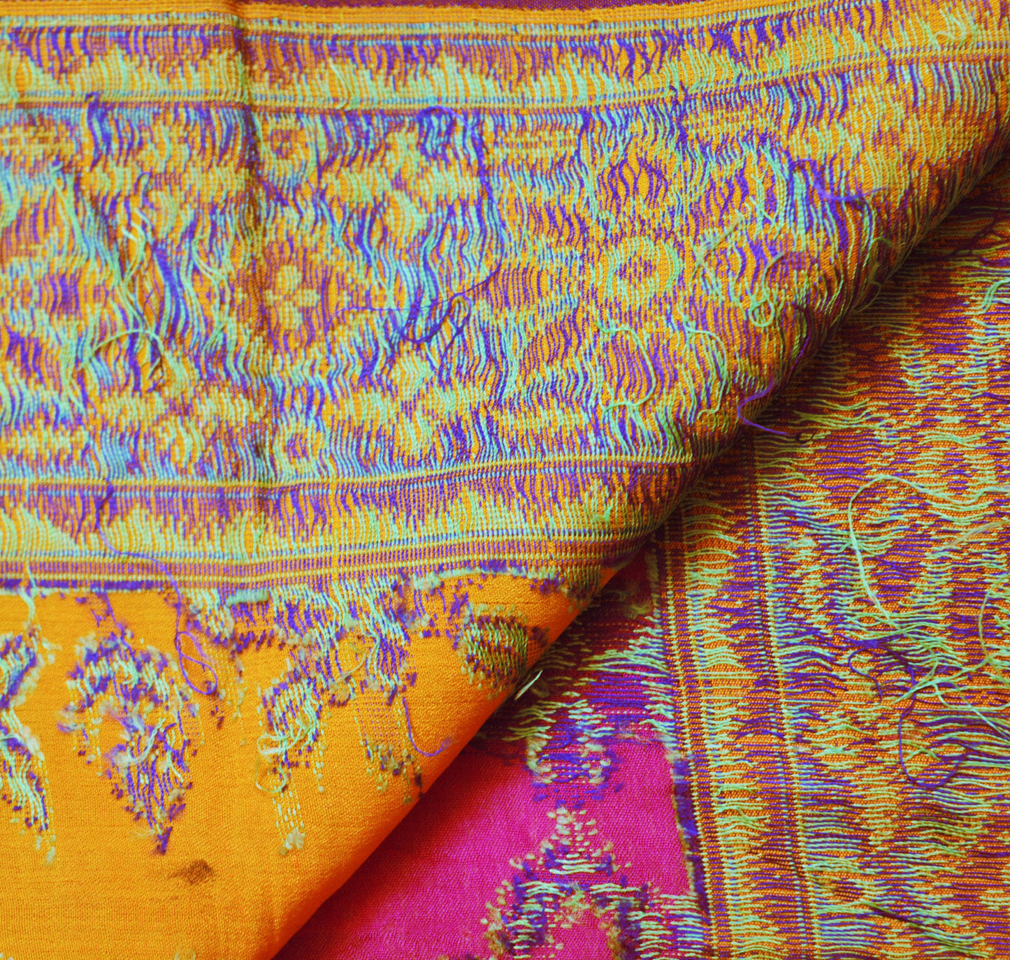 Indian Vintage Mustard & Pink Heavy Saree Hand Woven Pure Silk Indian Sari Fabric 5Yard Silk Sari Ethnic Floral