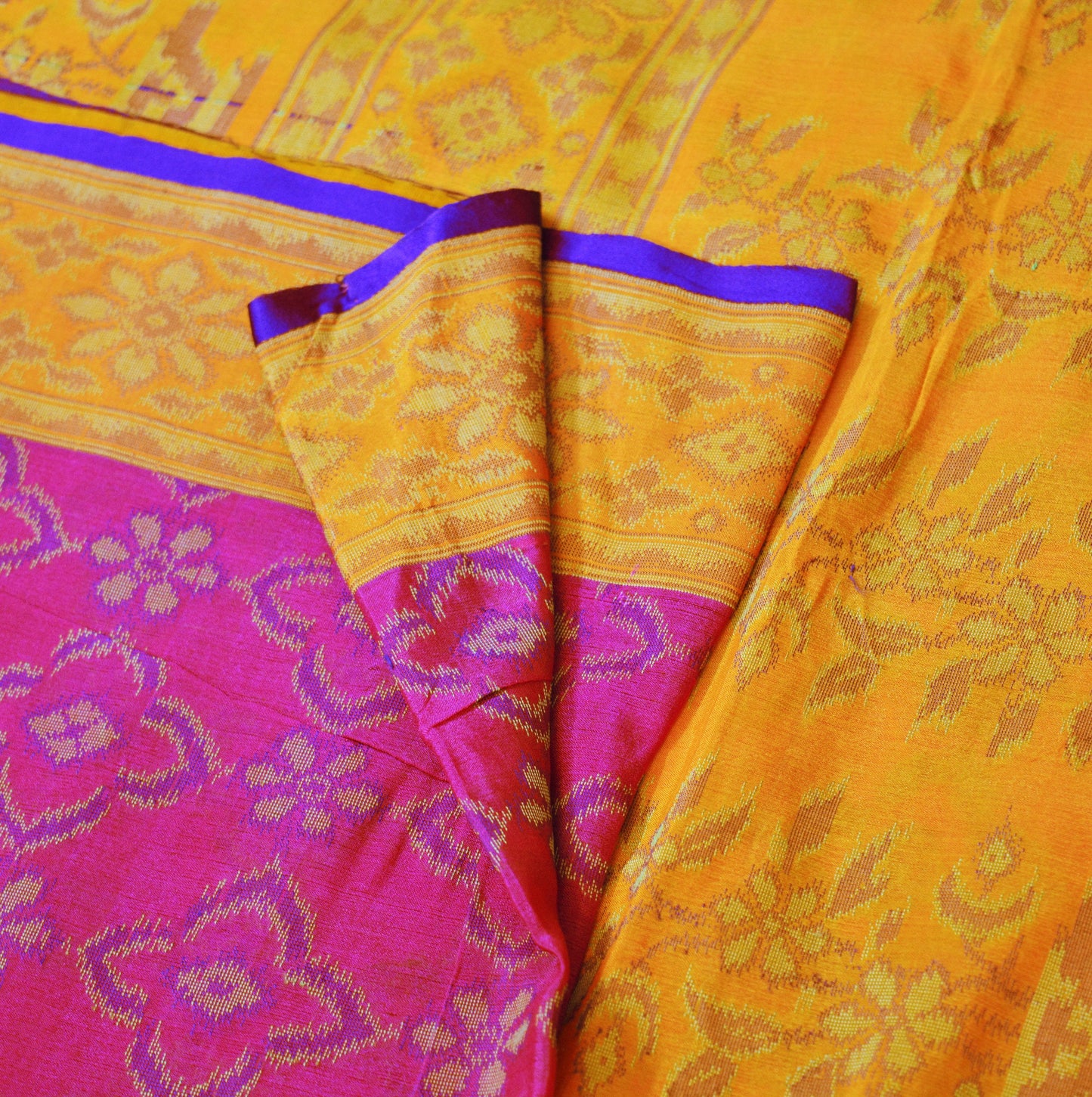 Indian Vintage Mustard & Pink Heavy Saree Hand Woven Pure Silk Indian Sari Fabric 5Yard Silk Sari Ethnic Floral