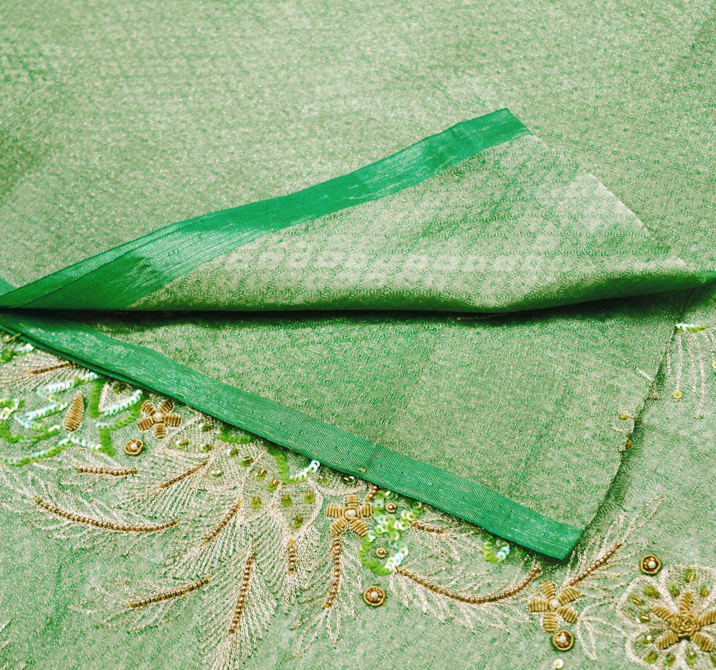 Antique Vintage Green Heavy Wedding Saree Pure Tissue Silk Hand Embroidered Indian Sari Zari Zardozi/Dabka 5Yard