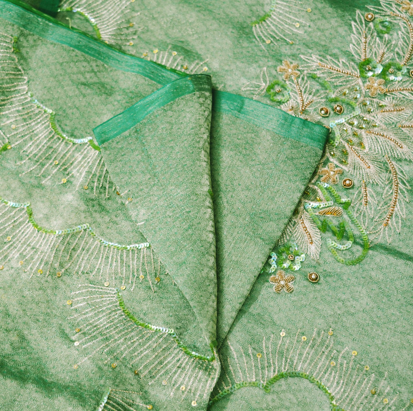 Antique Vintage Green Heavy Wedding Saree Pure Tissue Silk Hand Embroidered Indian Sari Zari Zardozi/Dabka 5Yard