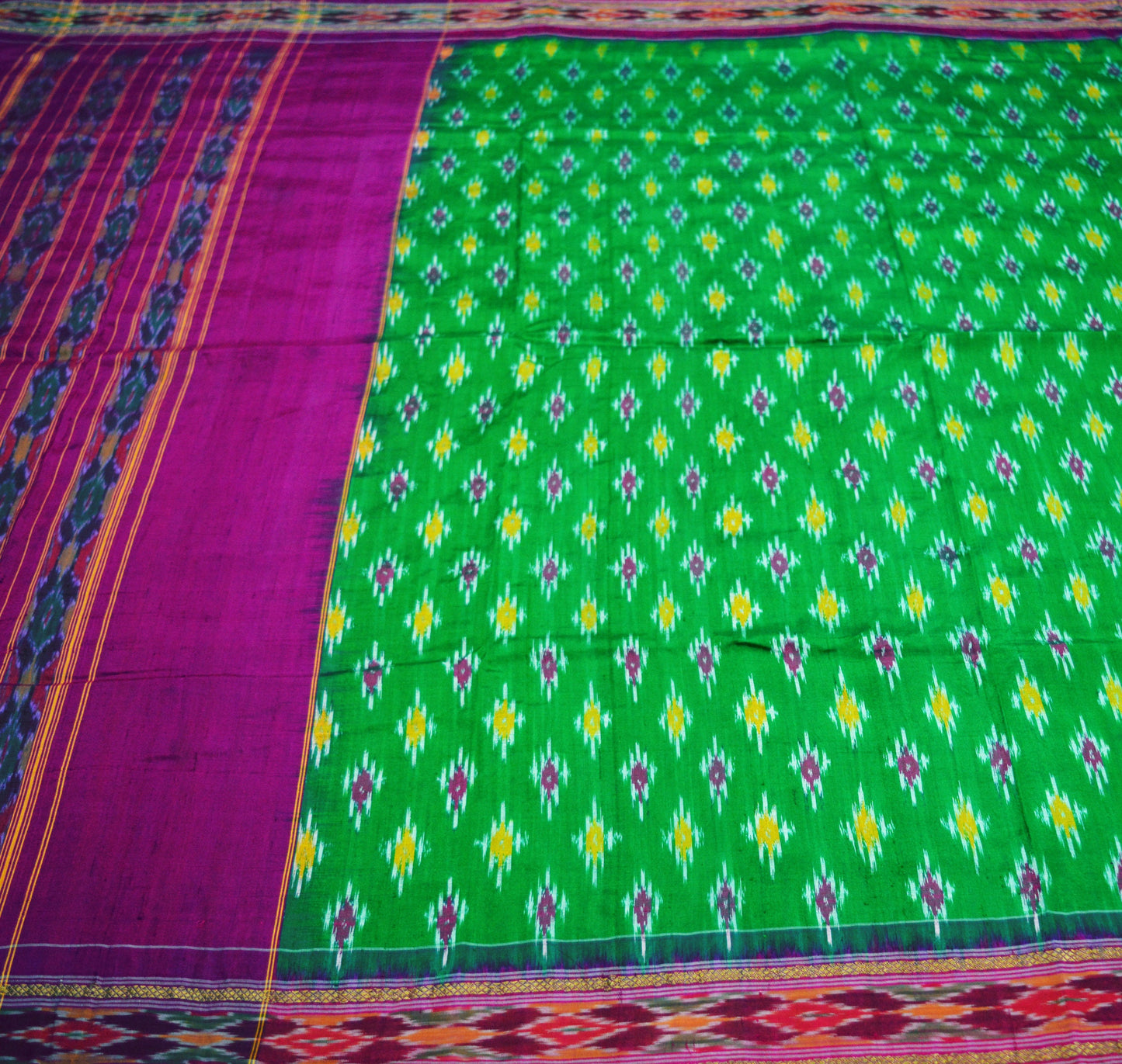 Indian Vintage Green & Purple Pochampally Saree Pure Silk Hand Woven Ikat Patola Indian Sari Fabric 5Yard Craft Ethnic Zari Border