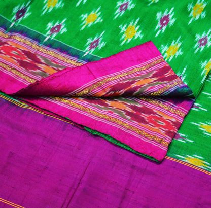 Indian Vintage Green & Purple Pochampally Saree Pure Silk Hand Woven Ikat Patola Indian Sari Fabric 5Yard Craft Ethnic Zari Border