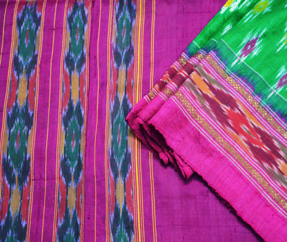 Indian Vintage Green & Purple Pochampally Saree Pure Silk Hand Woven Ikat Patola Indian Sari Fabric 5Yard Craft Ethnic Zari Border