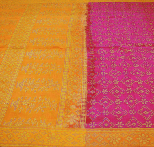 Indian Vintage Mustard & Pink Heavy Saree Hand Woven Pure Silk Indian Sari Fabric 5Yard Silk Sari Ethnic Floral