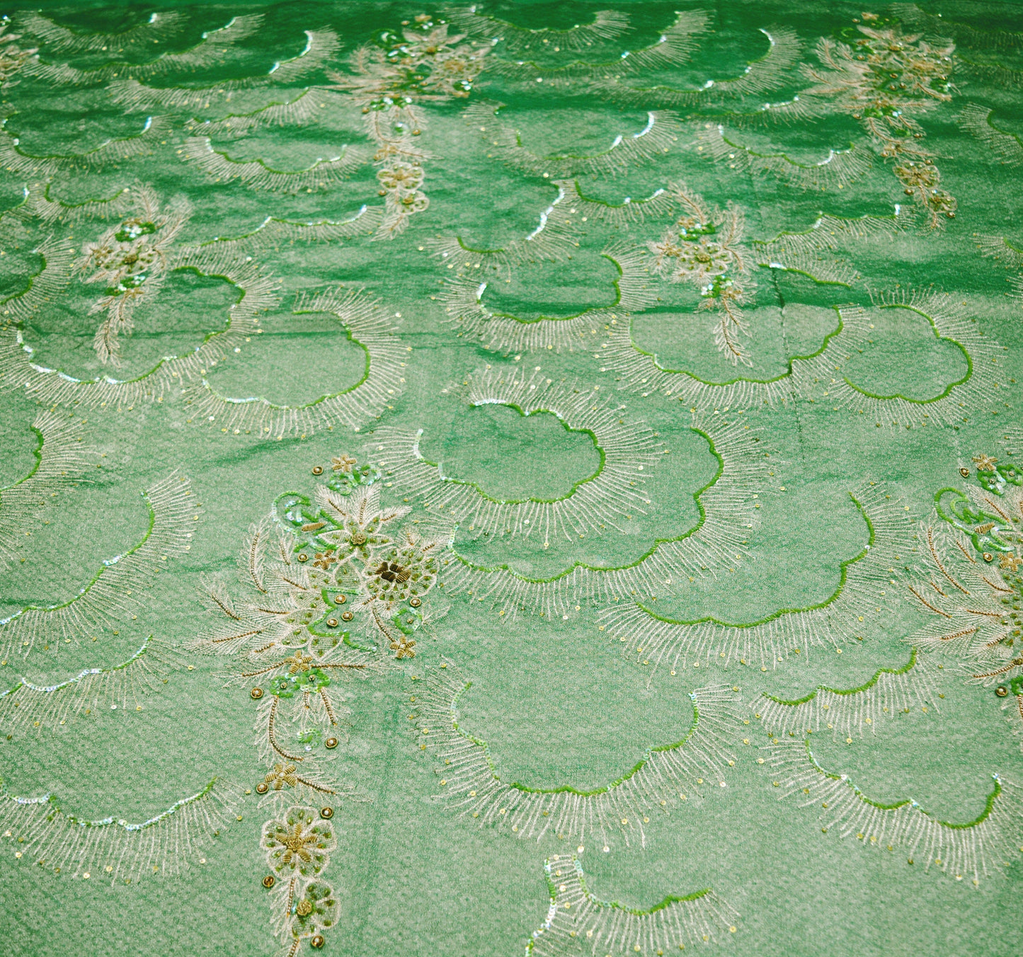 Antique Vintage Green Heavy Wedding Saree Pure Tissue Silk Hand Embroidered Indian Sari Zari Zardozi/Dabka 5Yard