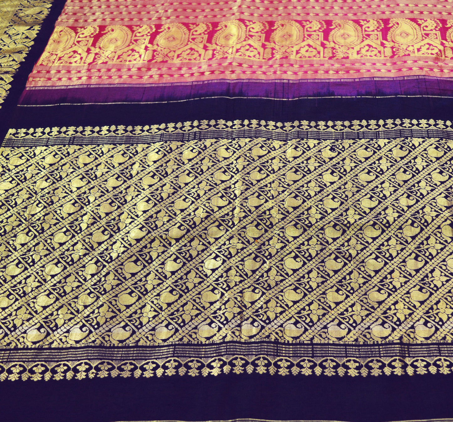 Indian Vintage Heavy Saree Purple & Blue Hand Woven Kanjivaram Pure Silk Indian Sari Fabric 5Yard Ethnic Zari Fringes Paisley