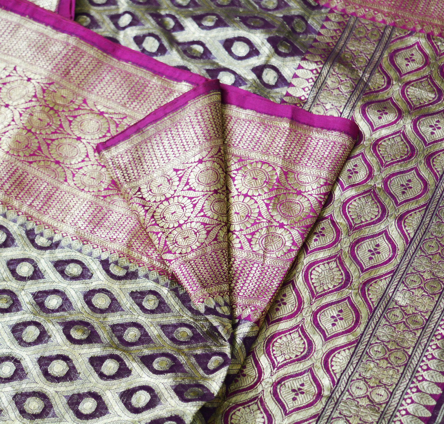 Indian Vintage Sari Heavy Purple & Blue Pure Organza Silk Woven Banarasi Brocade Saree Golden Zari 5Yd Ethnic