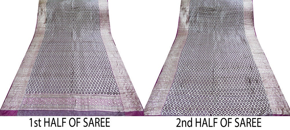 Indian Vintage Sari Heavy Purple & Blue Pure Organza Silk Woven Banarasi Brocade Saree Golden Zari 5Yd Ethnic