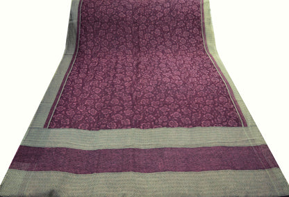 Women Vintage Sari Maroon & White Pure Chiffon Silk Printed Saree Craft Fabric Sewing 5Yd Soft Light Sari Dress Making Floral