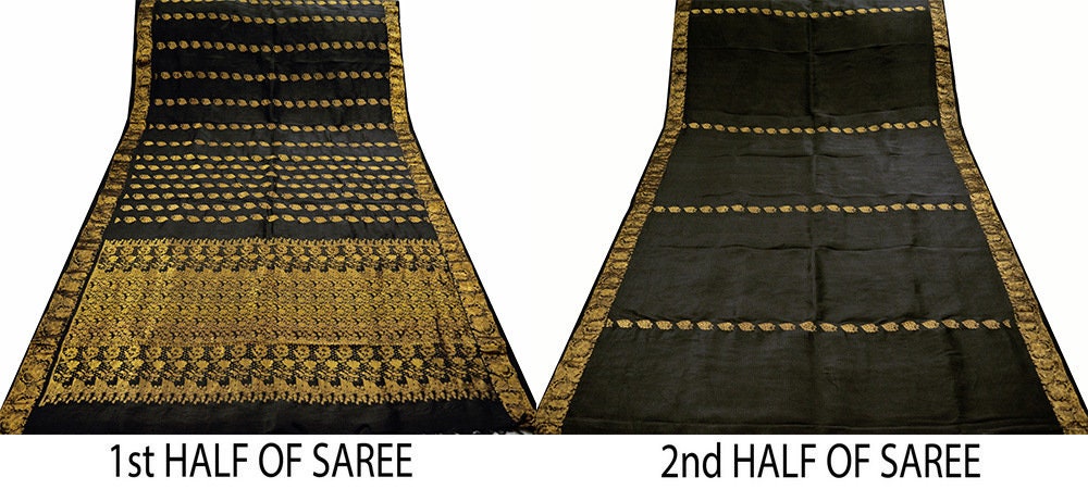 Indian Vintage Heavy Saree Black 100% Pure Silk Hand Woven Kanjivaram Indian Sari Fabric 5Yard Ethnic Zari Fringes