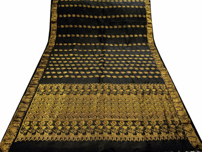 Indian Vintage Heavy Saree Black 100% Pure Silk Hand Woven Kanjivaram Indian Sari Fabric 5Yard Ethnic Zari Fringes