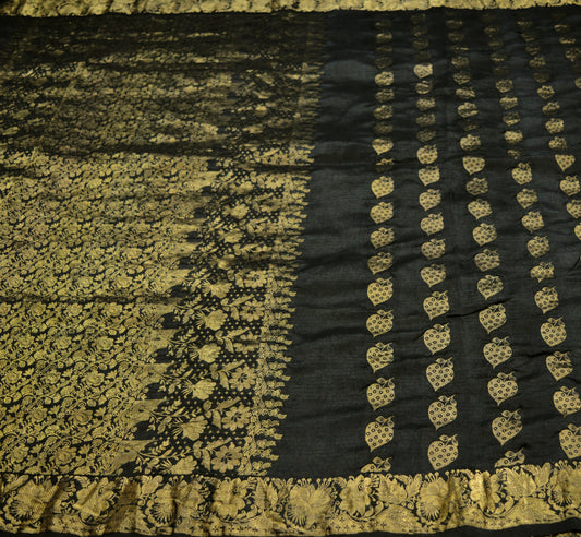 Indian Vintage Heavy Saree Black 100% Pure Silk Hand Woven Kanjivaram Indian Sari Fabric 5Yard Ethnic Zari Fringes