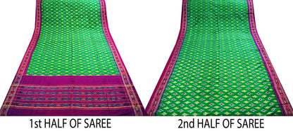 Indian Vintage Green & Purple Pochampally Saree Pure Silk Hand Woven Ikat Patola Indian Sari Fabric 5Yard Craft Ethnic Zari Border